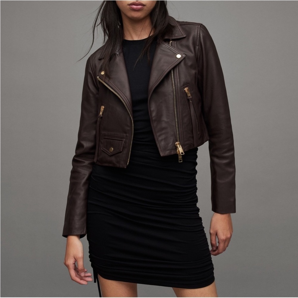 All Saints Elora Dark Brown Leather Jacket Sz 0